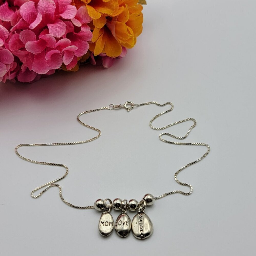 Vtg. 925 Stering Silver MOTHER LOVE GRANDMA Three Pendant Necklac DV Italy 18"